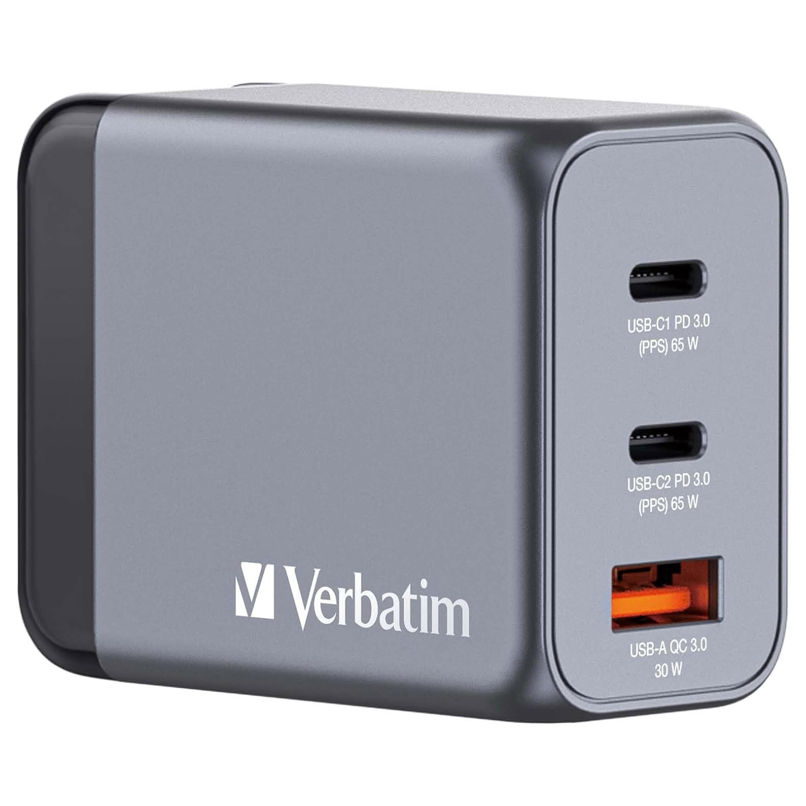 Verbatim GaN Charger 65 Watt für Laptops, Tablets, Smartphones - 3-in-1 Schnellladegerät inkl. EU-, UK-, USA-Anschluss
