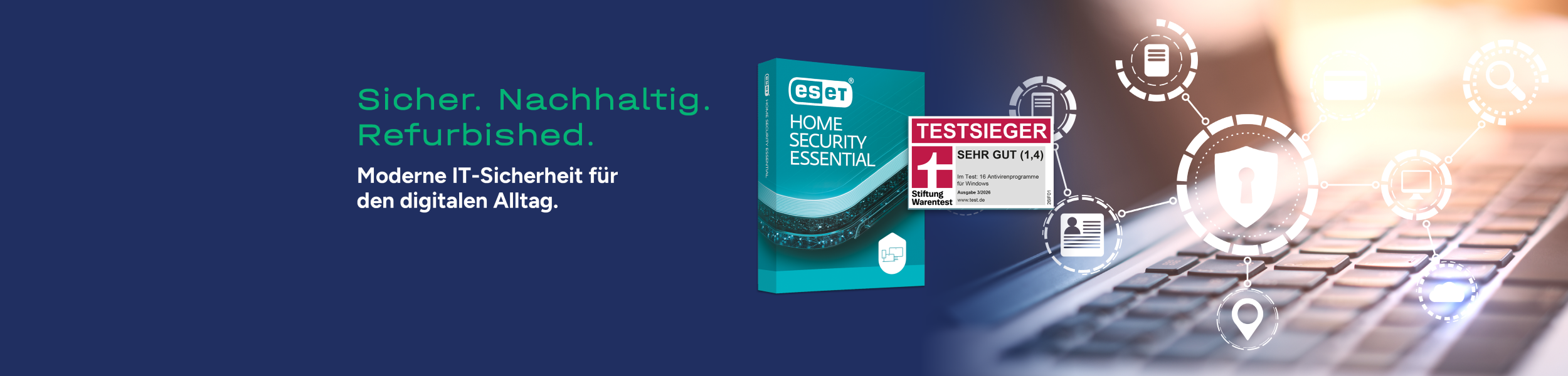 Die Grafik zeigt den ESET‑Virenschutz und ein Laptop.