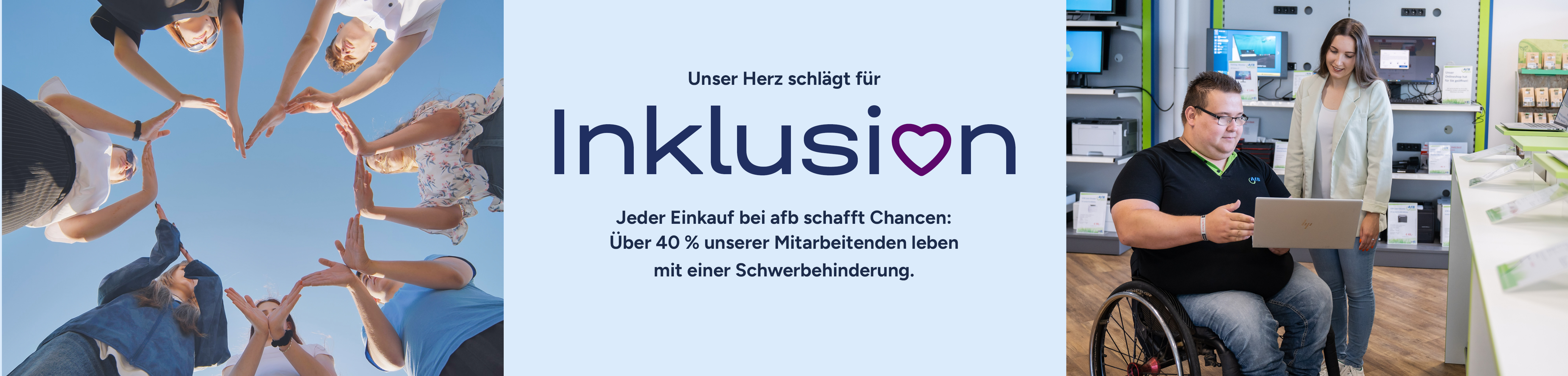 Das Bild zeigt Menschen mit Herz sowie Mitarbeiter von afb im Shop.