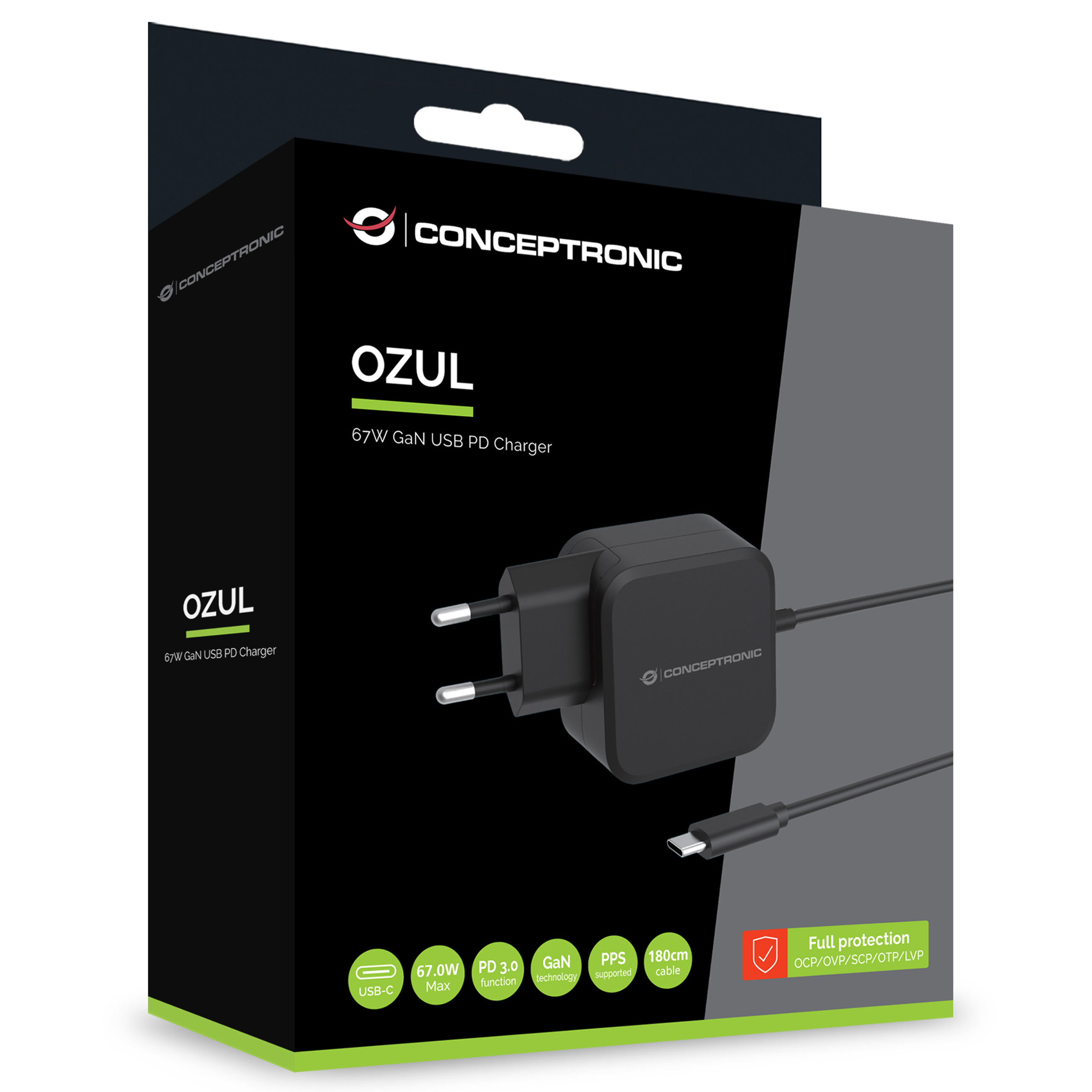 Conceptronic OZUL04BE - Ladegerät mit eingebautem USB-C-Kabel