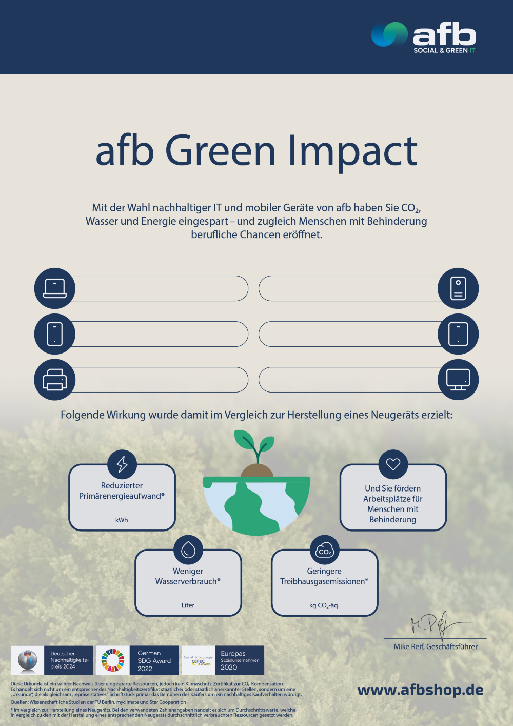 die grafik zeigt afb green impact urkunde