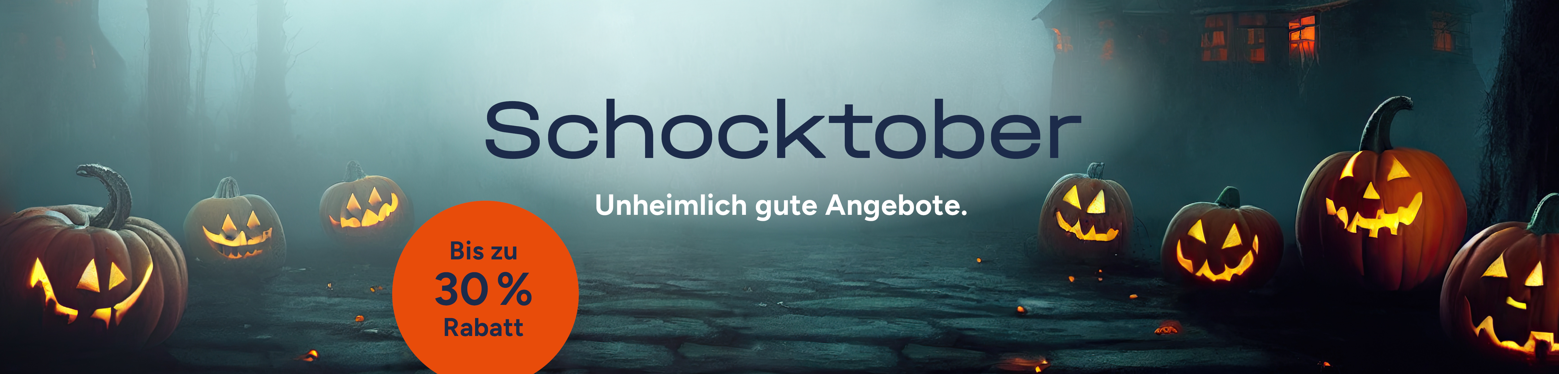 Die Grafik zeigt Halloween-Elemente wie Kürbisse und schaurige Gestalten und bewirbt bis zu 30 % Rabatt auf ausgewählte IT-Hardware.
