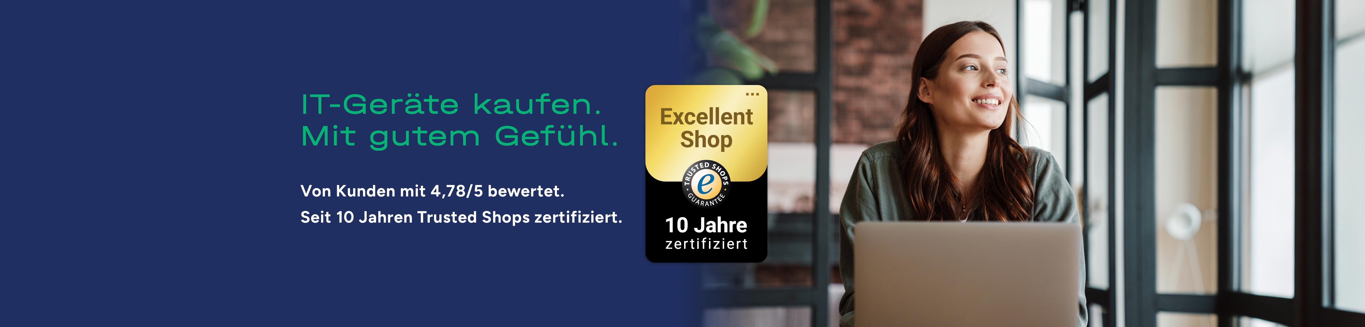 Diese Grafik zeigt eine Frau am Laptop – 10 Jahre Trusted Shops.