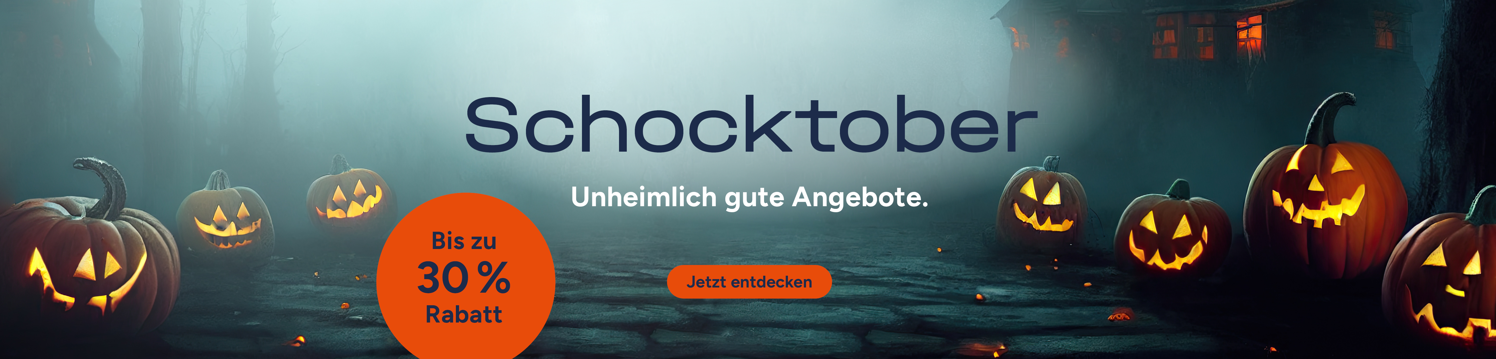 Die Grafik zeigt Halloween-Elemente wie Kürbisse und schaurige Gestalten und bewirbt bis zu 30 % Rabatt auf ausgewählte IT-Hardware.
