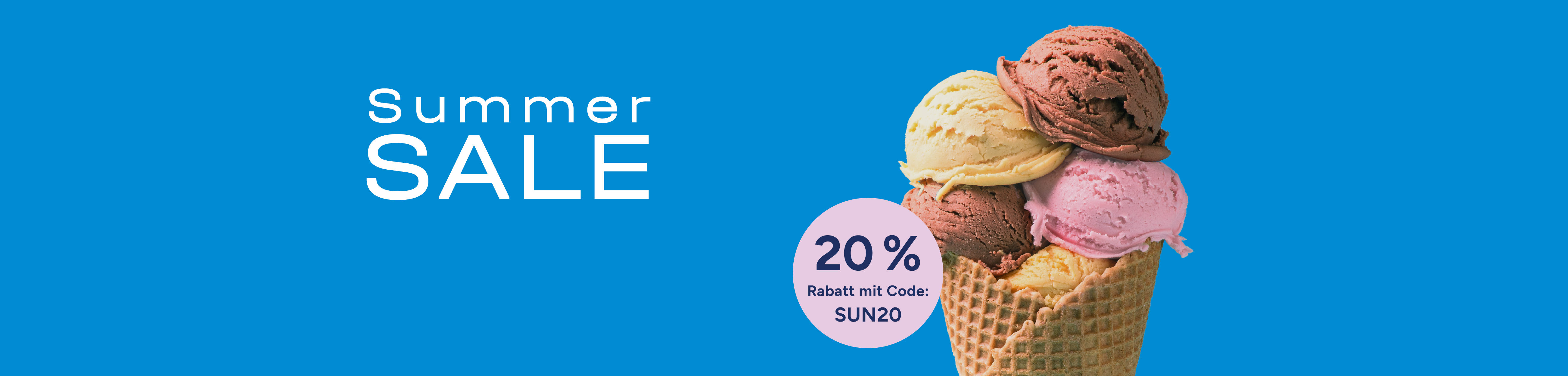 Der Banner zeigt ein Eis und bewirbt den Summer Sale mit 20 % Rabatt