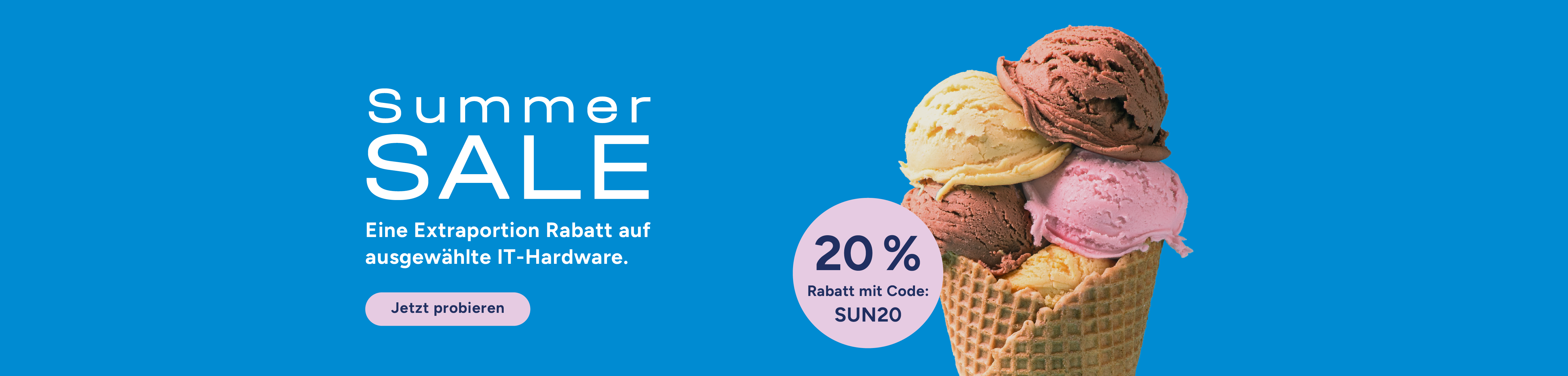 Der Banner zeigt ein Eis und bewirbt den Summer Sale mit 20 % Rabatt