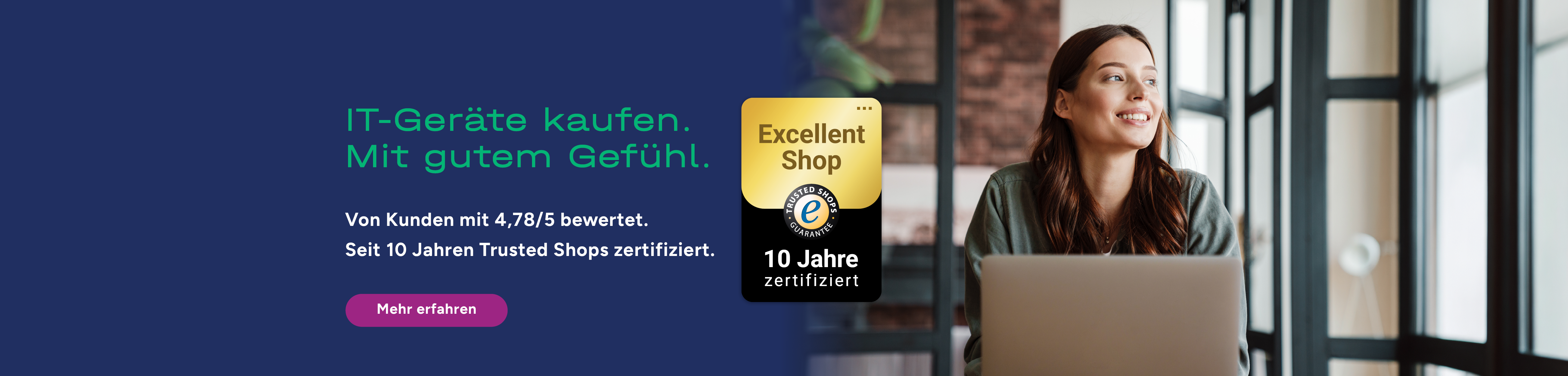 Diese Grafik zeigt eine Frau am Laptop – 10 Jahre Trusted Shops.